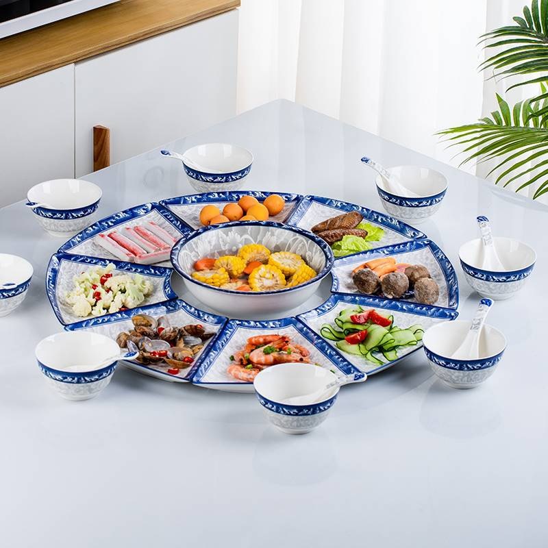 陶瓷拼盘餐具家用新款扇形餐盘青花瓷团圆釉下彩盘子组合网红餐具