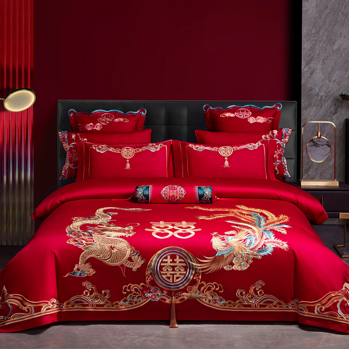 I-Will/艾维高端全棉绣花大红色龙凤结婚四件套床上用品佳偶天成