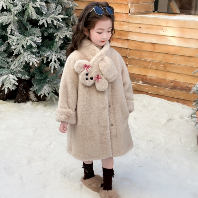 儿童皮草皮毛一体大衣女童水貂绒长款毛毛外套中大童2025冬装棉服