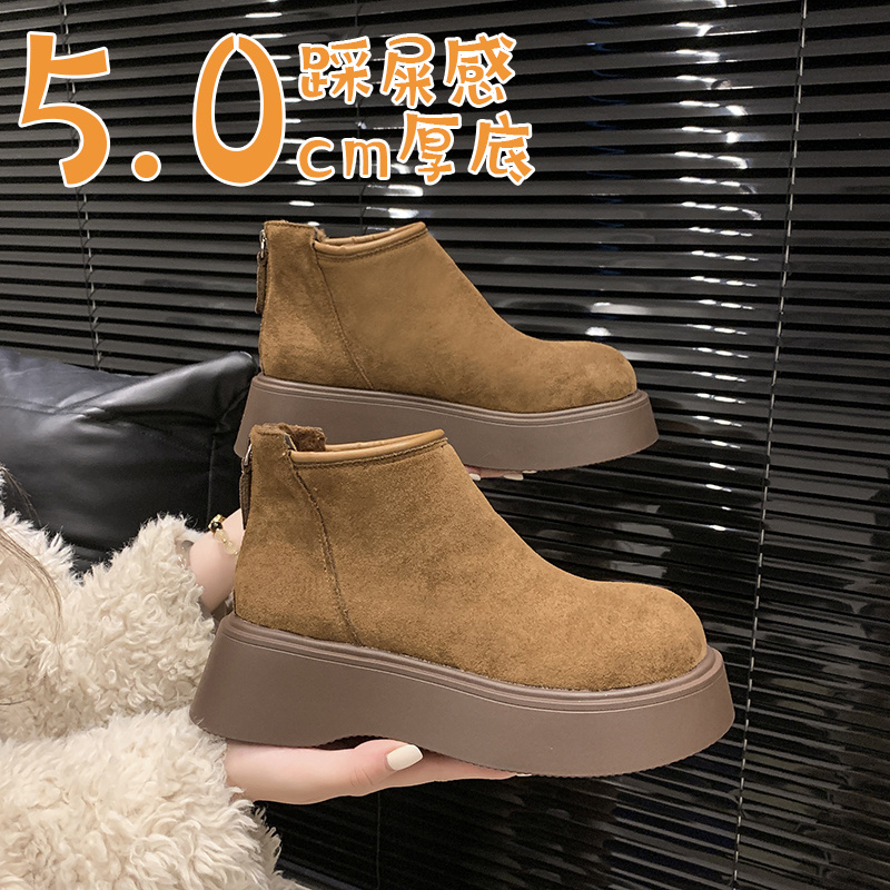 2024冬季新款复古磨砂百搭厚底短筒靴加绒加厚雪地棉鞋时装靴