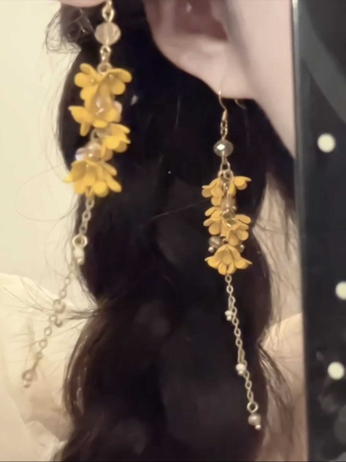 合金耳饰 哑光黄色小碎花桂花仿珍珠流苏耳环无耳洞耳夹耳钉耳饰