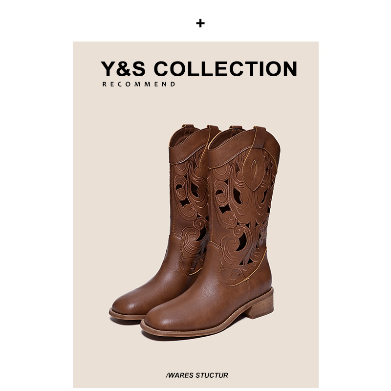 【现货当天发】圆头镂空西部牛仔靴子女夏季骑士靴新疆大西北穿搭