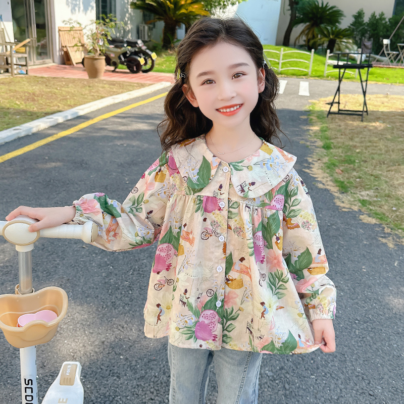 女童娃娃领衬衫春秋款2025新款儿童秋装洋气卡通碎花库洛米公主裙