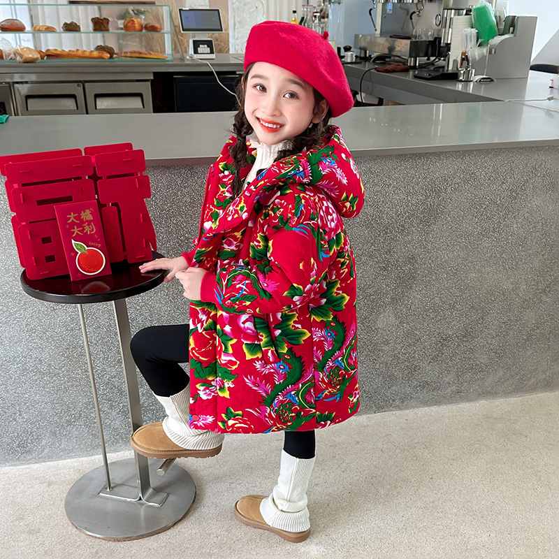 东北大花袄女童冬季棉服过年衣服儿童中长款加绒加厚外套中长款潮