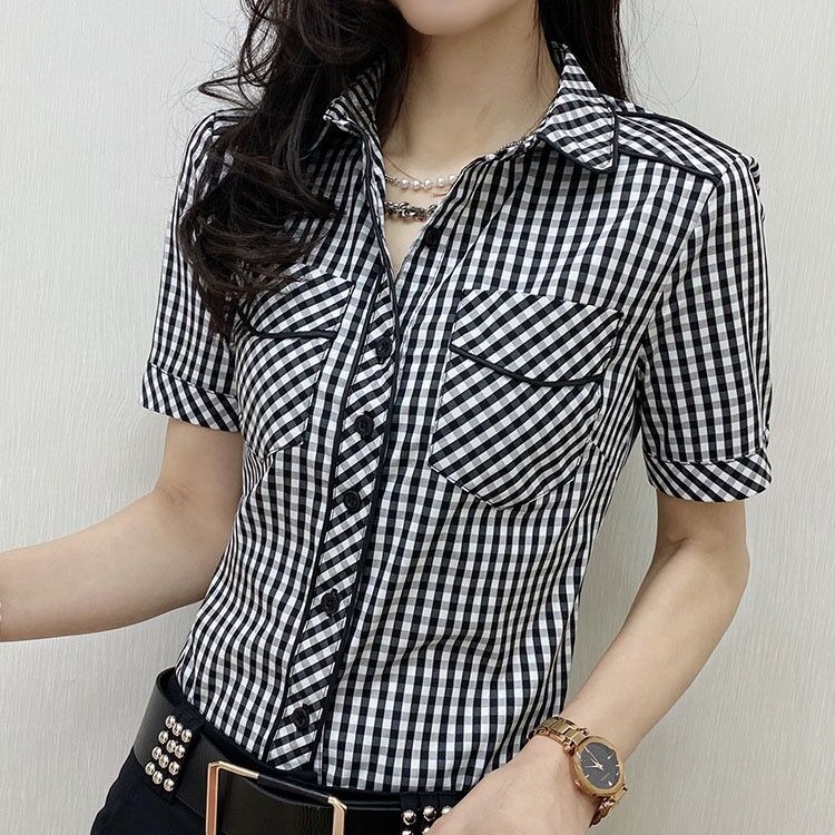 格子衬衫女短袖时尚修身显瘦休闲气质设计感小众通勤衬衣黑白衬衣