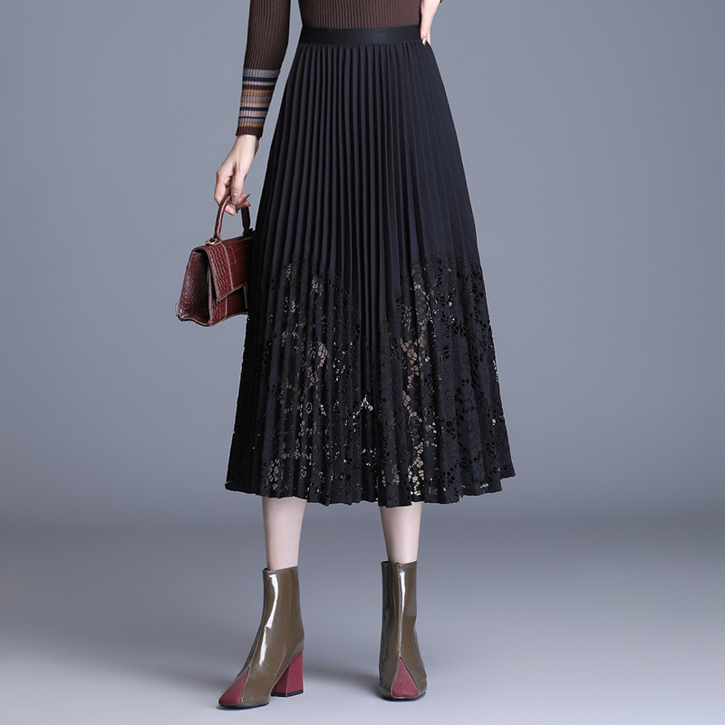 蕾丝拼接百褶裙女春秋2025新款高腰垂感半身裙显瘦中长气质a字裙