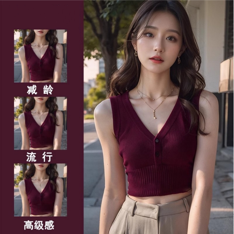 酒红色v领针织吊带背心女夏外穿内搭小个子独特别致无袖短款上衣