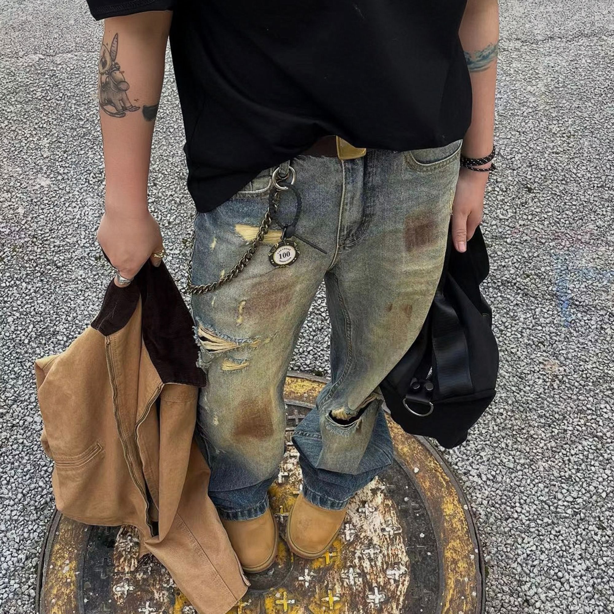 【Coney150utfit专属】美式复古水洗脏旧感破洞Dirtyfit美式牛仔裤