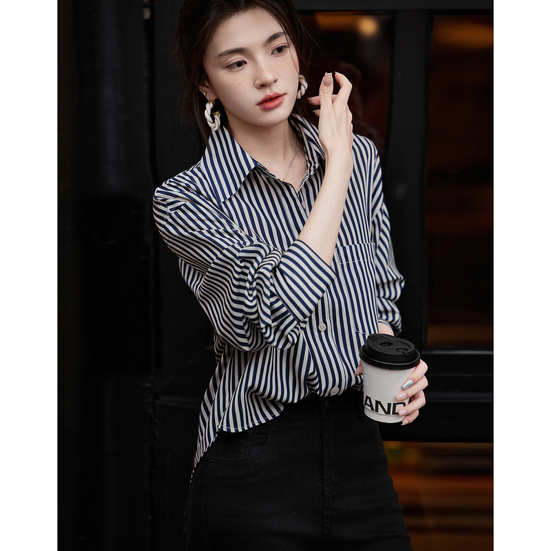 dme德玛纳【条纹质感日常】秋简约风POLO领立体箱型衬衫圆弧下摆衬