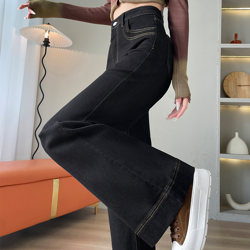 黑金色牛仔裤女双边撞色阔腿裤2025年秋季新款宽松遮腿型大喇叭裤