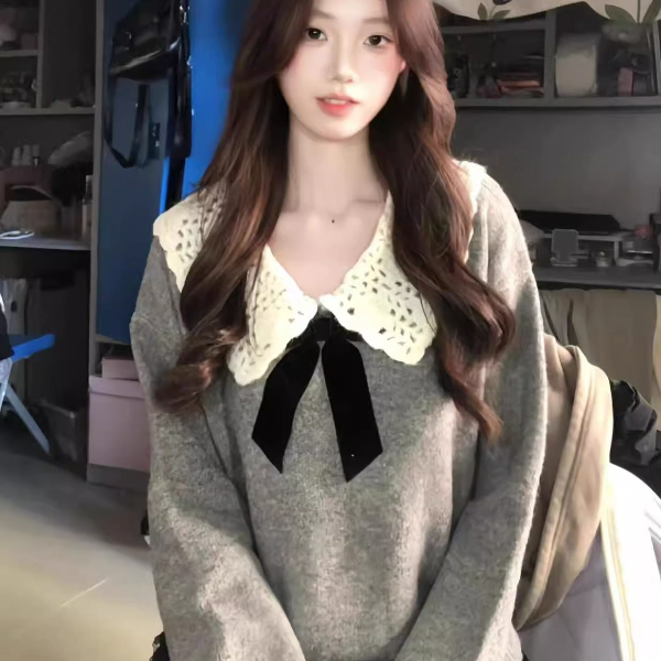 灰色娃娃领蝴蝶结绵羊毛衣女秋冬新款韩系慵懒针织上衣毛衣针织