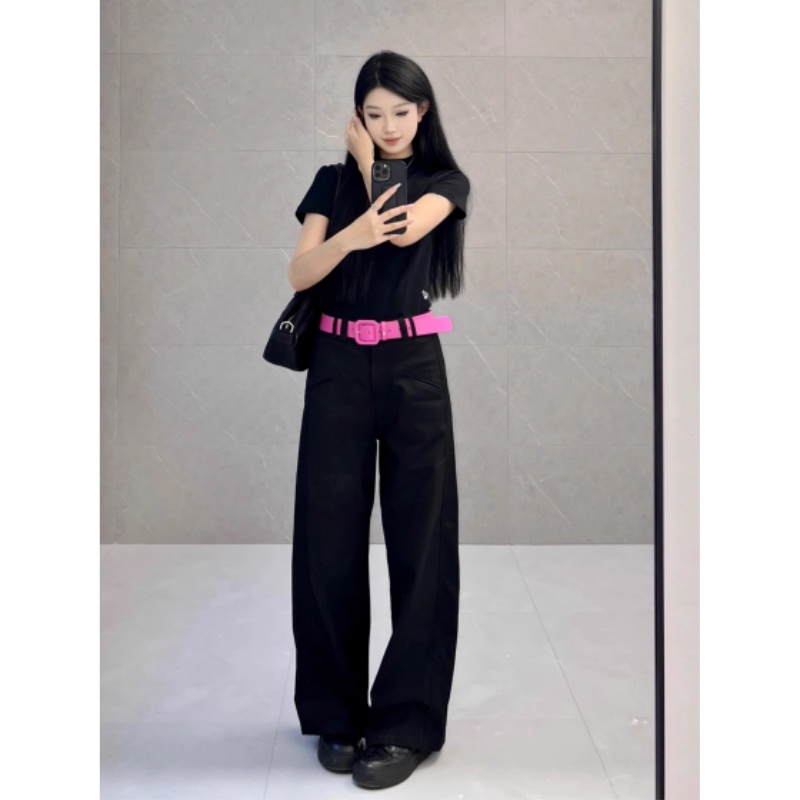 美式辣妹工装风黑色直筒西裤女春夏设计感显高阔腿裤西装裤正装裤
