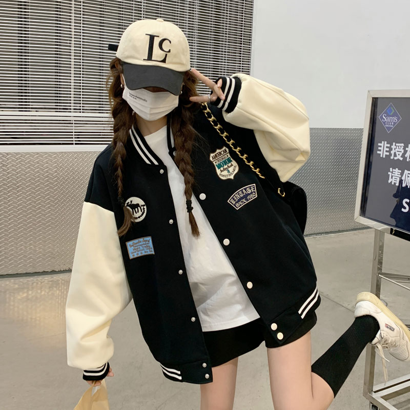 撞色拼接棒球服外套女秋季2025新款爆款学院风宽松短款夹克上衣女
