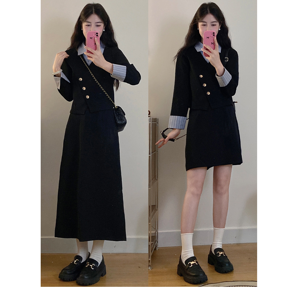新款大码女装气质拼色西装外套+显瘦半身裙两件套套装