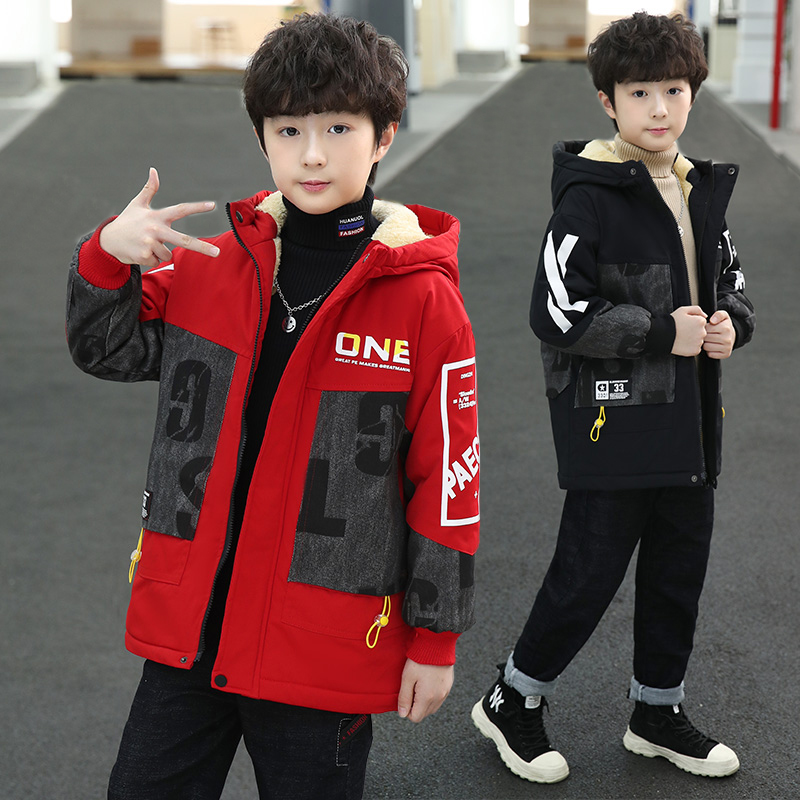 淘迪猫男童外套冬装加厚中长款棉服冬季韩版时尚拼接加绒连帽外套