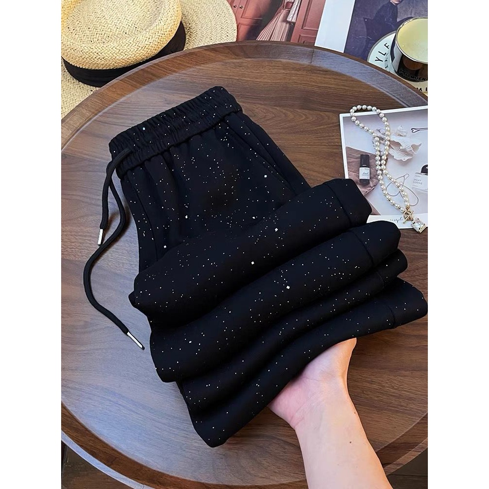 高端满天星烫钻高腰阔腿裤2025秋季新款慵懒风裤子直筒休闲裤