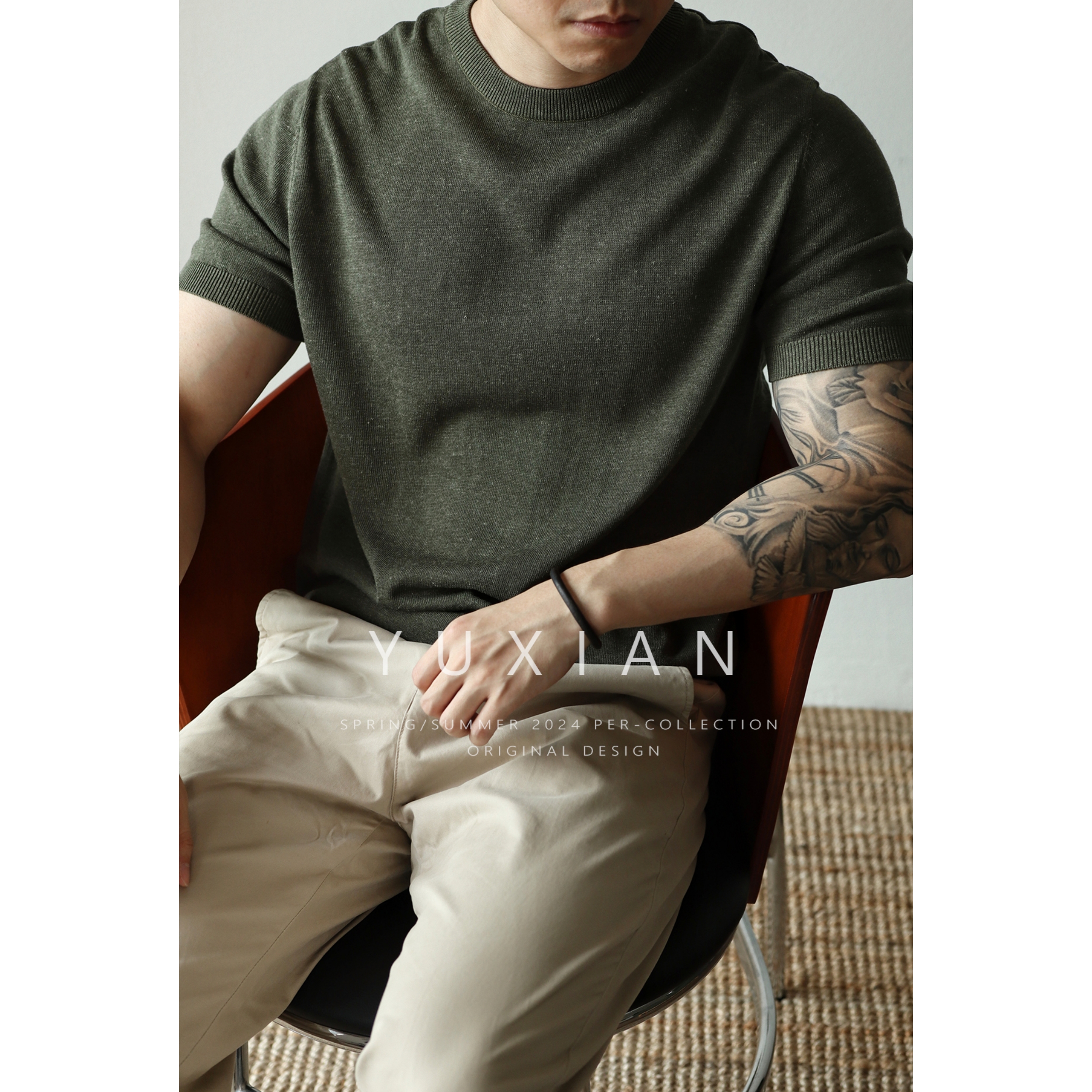 YUXIAN高端亚麻天丝混纺针织短袖T恤纯色美式复古圆领休闲商务男