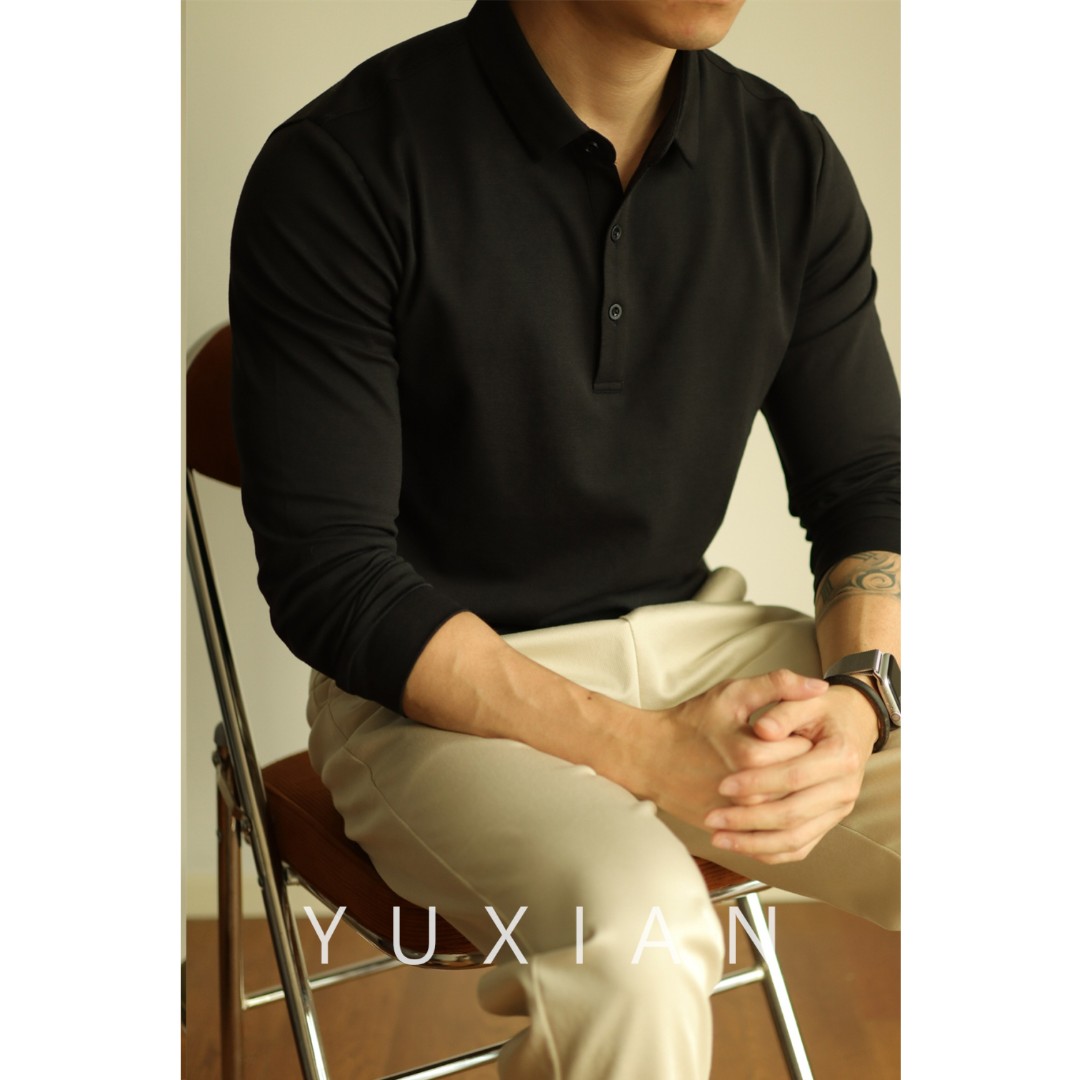 YUXIAN余闲桑蚕丝长袖POLO衫T恤打底翻领纯色修身冬秋季轻熟男士