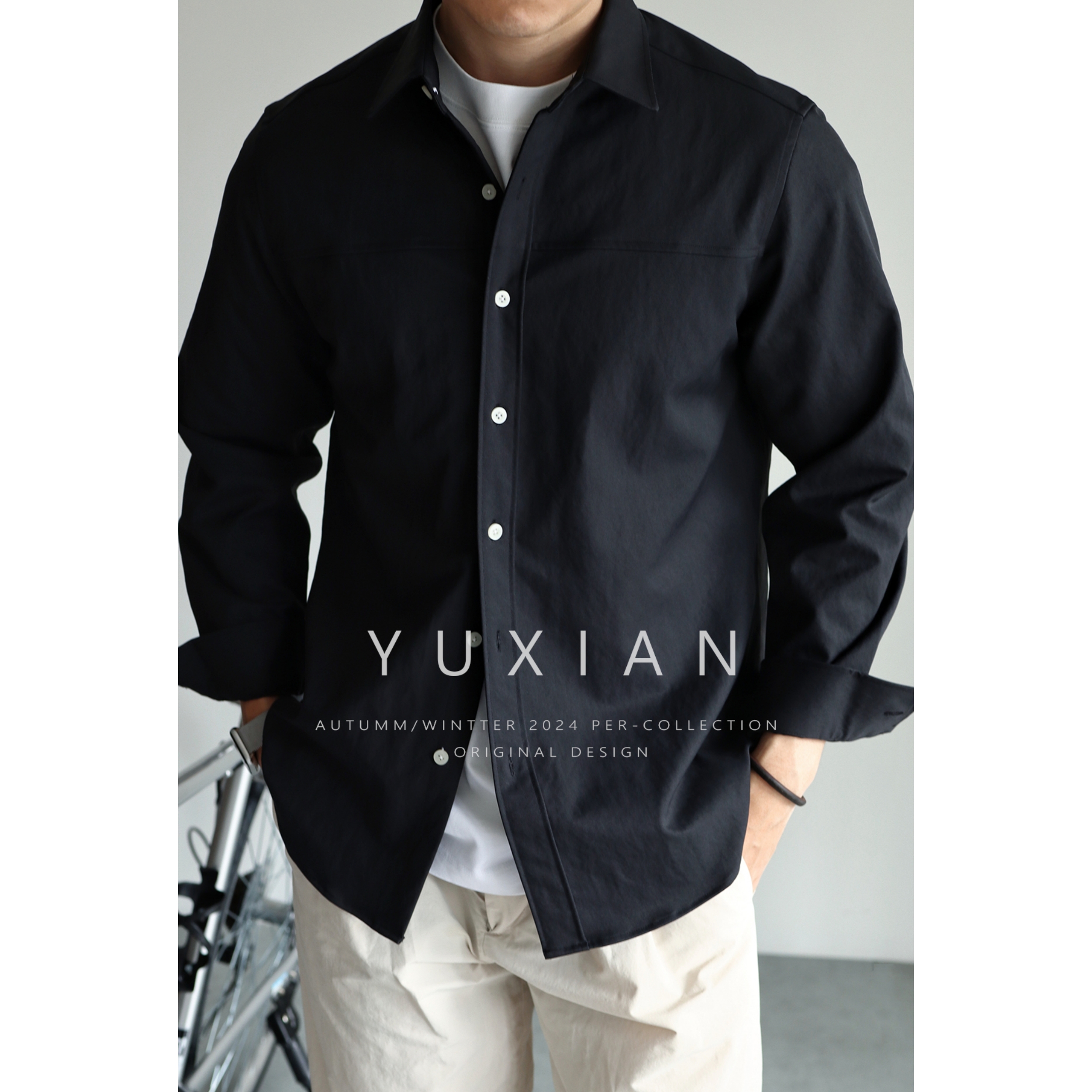 YUXIAN日系酵素洗口袋工装抗皱衬衫男士休闲宽松翻领长袖衬衣春秋