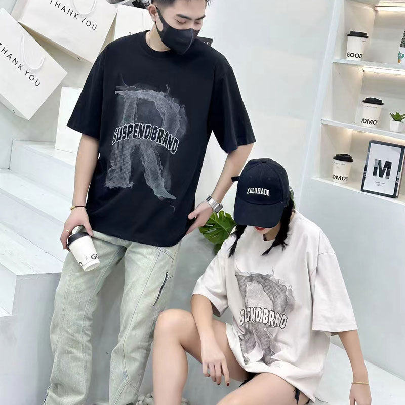 美式复古涂鸦短袖T恤夏季欧美风ins高街潮牌情侣装宽松舒适潮流装