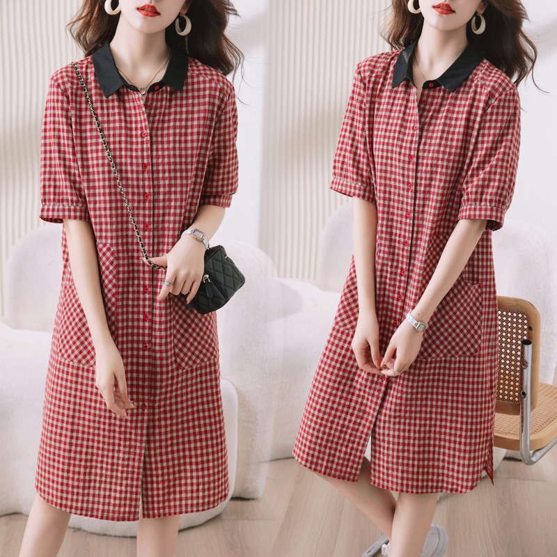 夏季格子连衣裙2024新款纯棉大码宽松中长款洋气休闲气质衬衫裙子