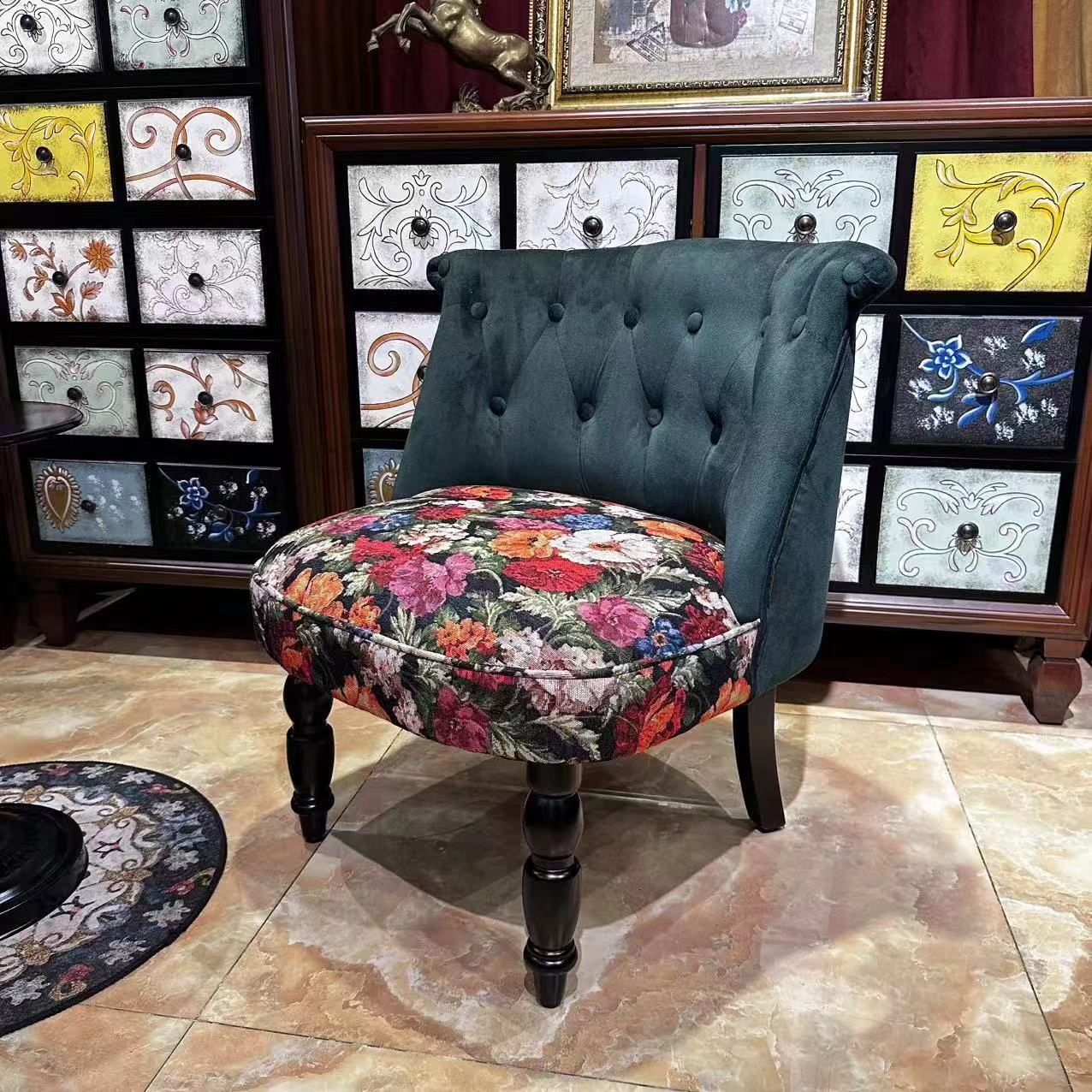 欧式复古单人沙发美式阳台休闲卧室接待布艺沙发客厅侧边沙发椅