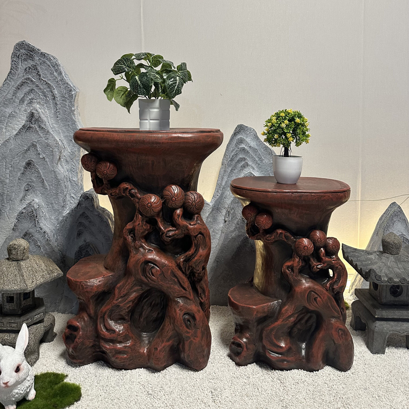 花架子客厅落地式室内阳台置物架仿根雕家用花盆架假山流水摆件台