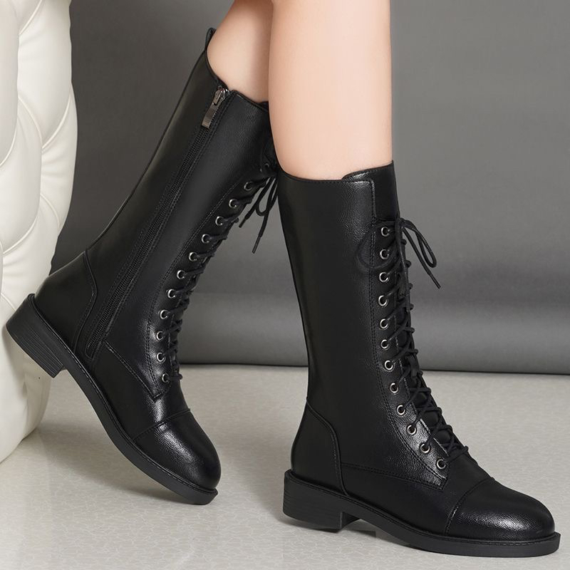 全牛皮秋冬新款平底中筒靴短靴女粗跟棉鞋马丁靴厚绒女士系带女鞋
