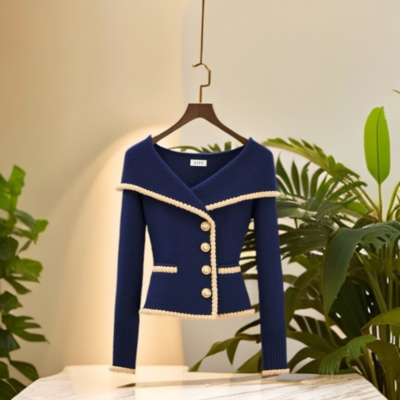 小众百搭藏蓝色针织开衫女2024秋冬季软糯小个子韩系收腰毛衣外套