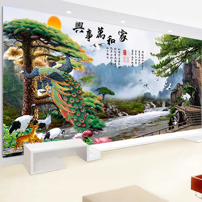 纯手工绣好的十字绣成品家和万事兴流水生财迎客松孔雀仙鹤客厅画