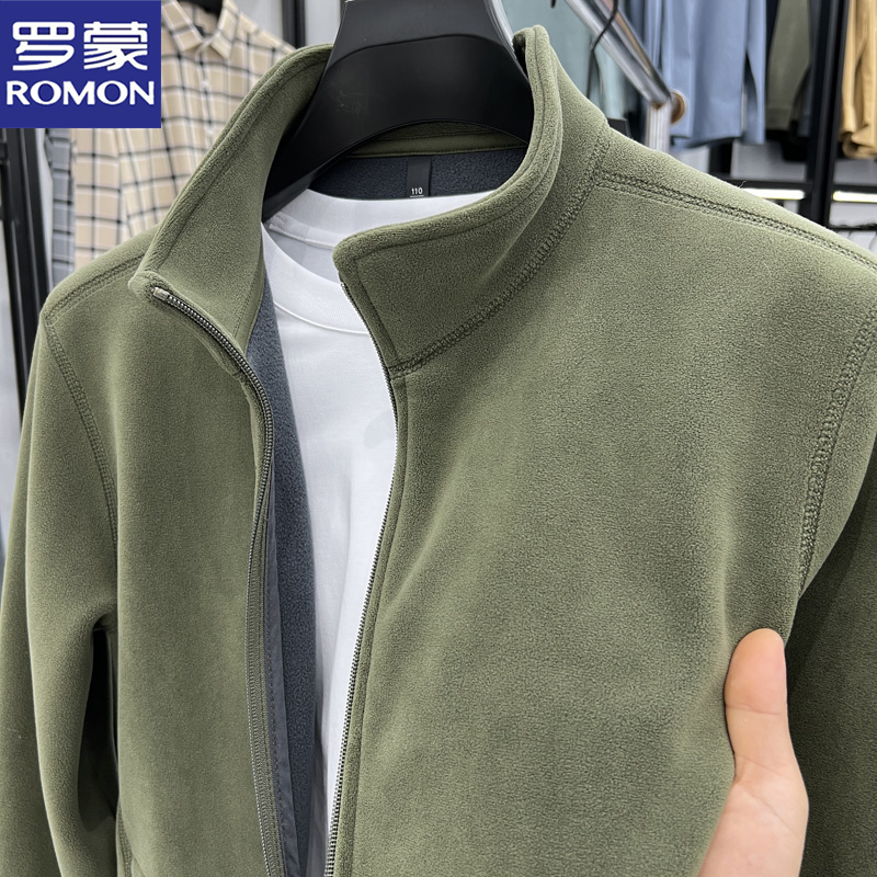 罗蒙秋冬季新款奥粒绒长袖夹克男士时尚休闲立领抓绒开衫外套上衣