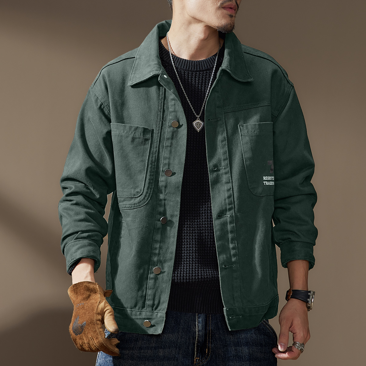 设计感美式绿色牛仔工装夹克男2025春季薄款宽松衬衫猎装休闲外套
