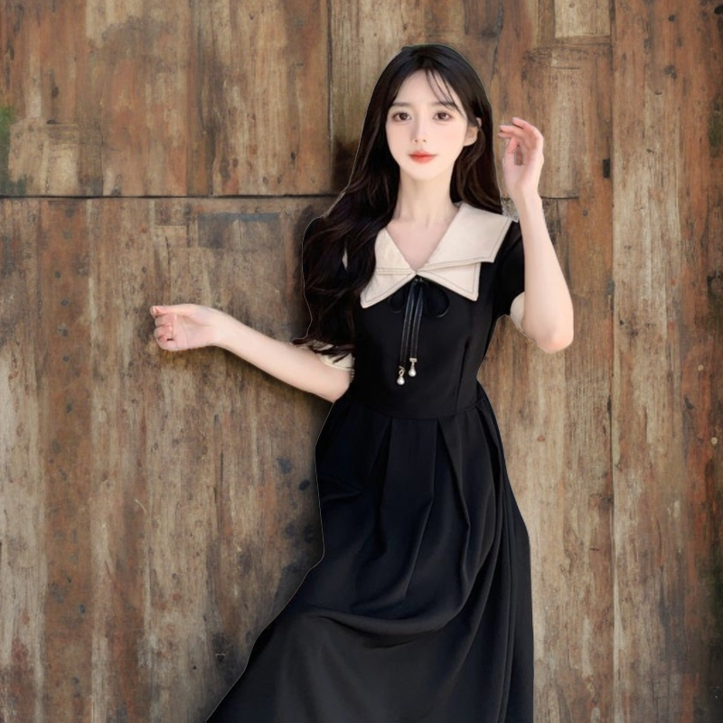 胖mm复古双层领学院风连衣裙女夏季新款大码女装收腰系带中长裙子