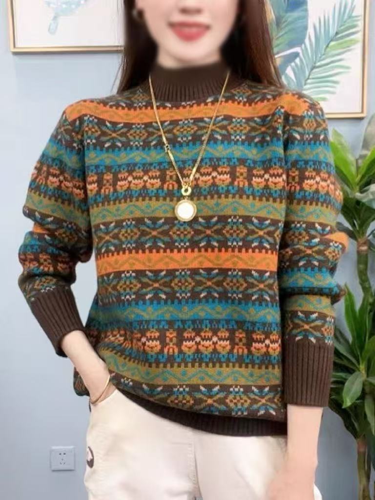 提花冬季极简风长袖针织毛针织衫加厚打底衫毛衣重工复古提花保暖