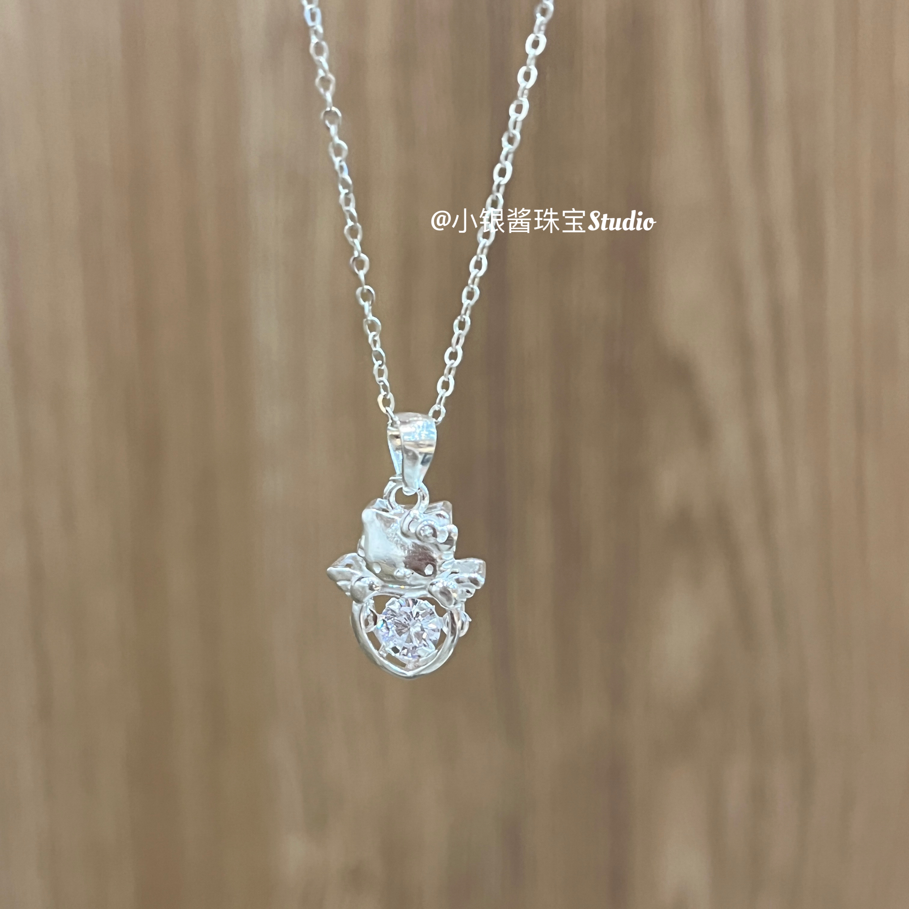 坠链均足银合成锆石 足银kt猫纯银灵动的心项链甜美少女心送女友