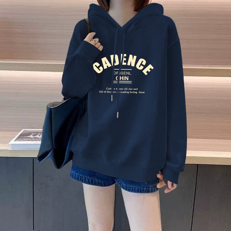 藏青色加绒加厚连帽卫衣女2024秋冬新款oversize设计感小众外套潮