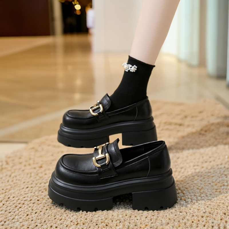 真皮厚底乐福鞋女秋冬2025新款小个子增高魔术贴单鞋英伦风小皮鞋