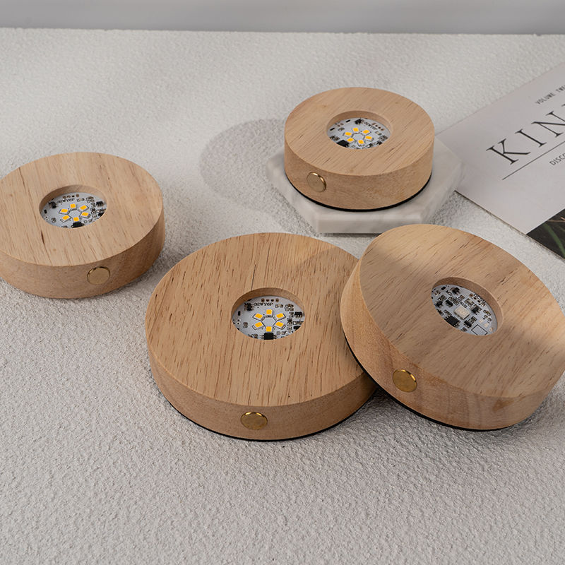 七彩遥控发光木底座三色夜灯木制工艺品水晶摆件灯座充电触摸USB