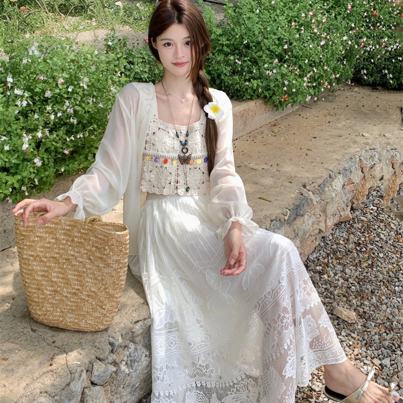 波西米亚风套装裙女夏季新款宽松百搭开衫+镂空背心+半身裙三件套