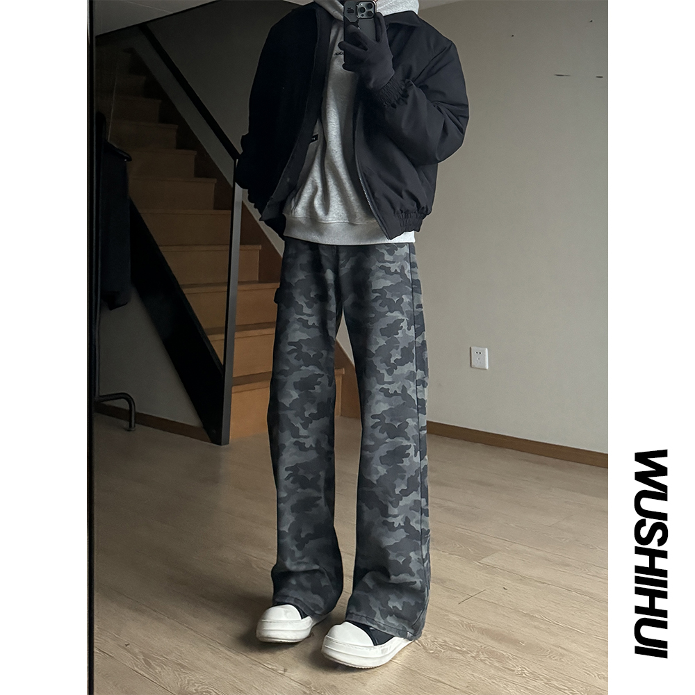 迷彩工装美式复古牛仔裤男潮牌重磅多口袋宽松直筒休闲裤