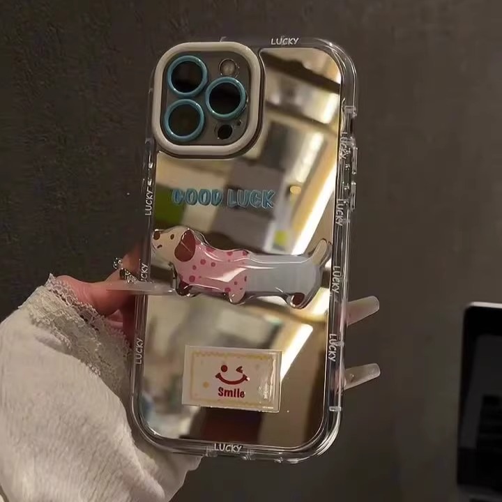 ins卡通镜面腊肠狗适用于苹果15pro手机壳iphone14promax17promax