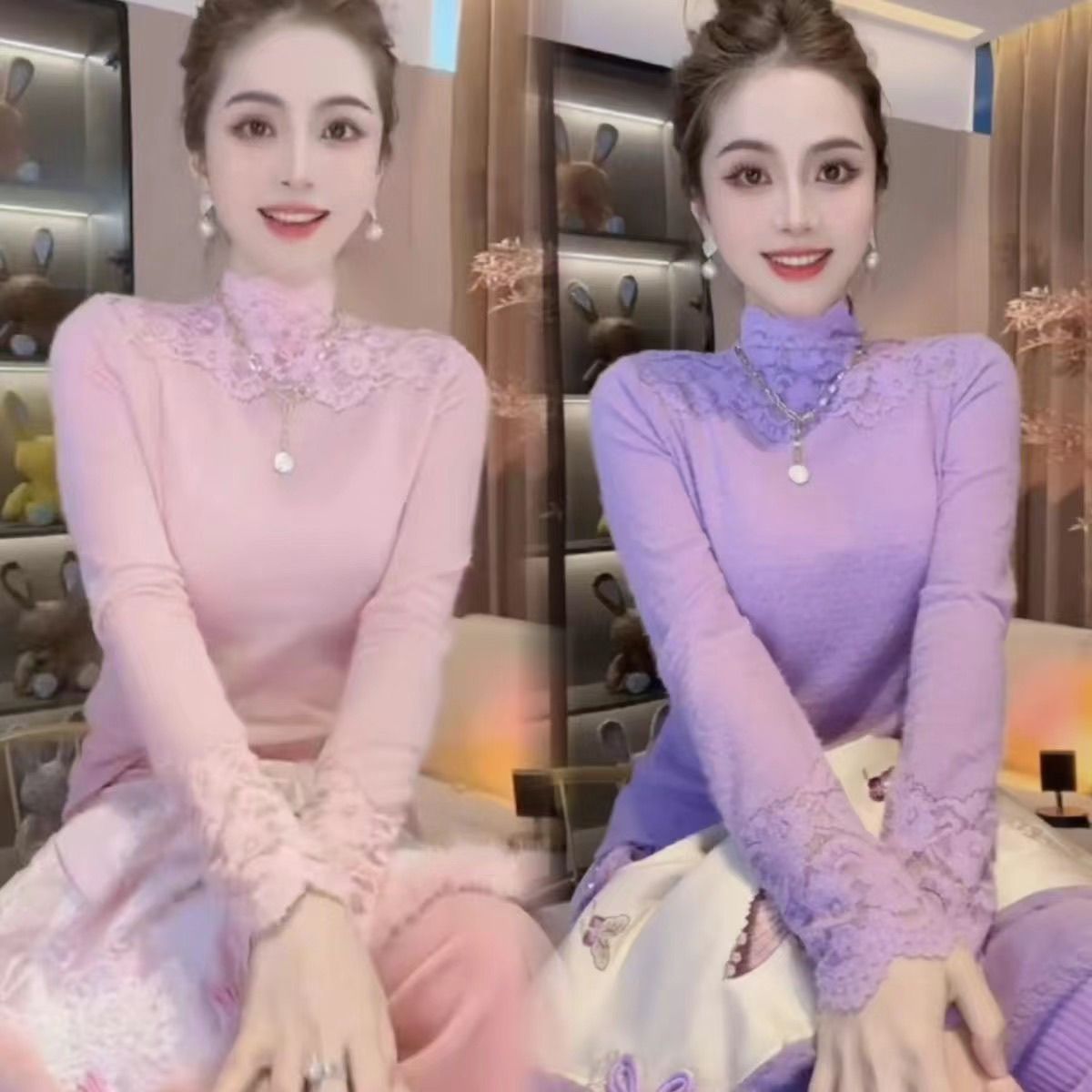 2025秋冬新款半高领花边蕾丝打底衫女年轻遮肚显瘦减龄洋气小衫