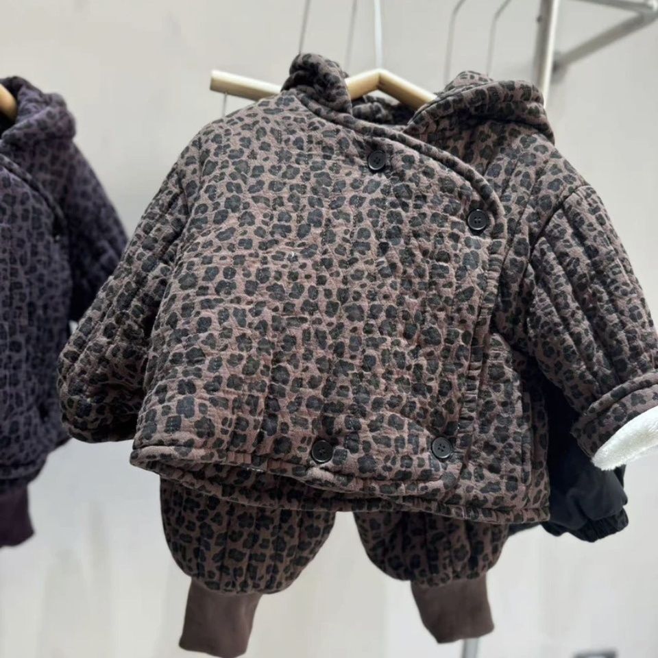 儿童男女童冬季套装加厚2025新款洋气时尚豹纹加绒宝宝两件套