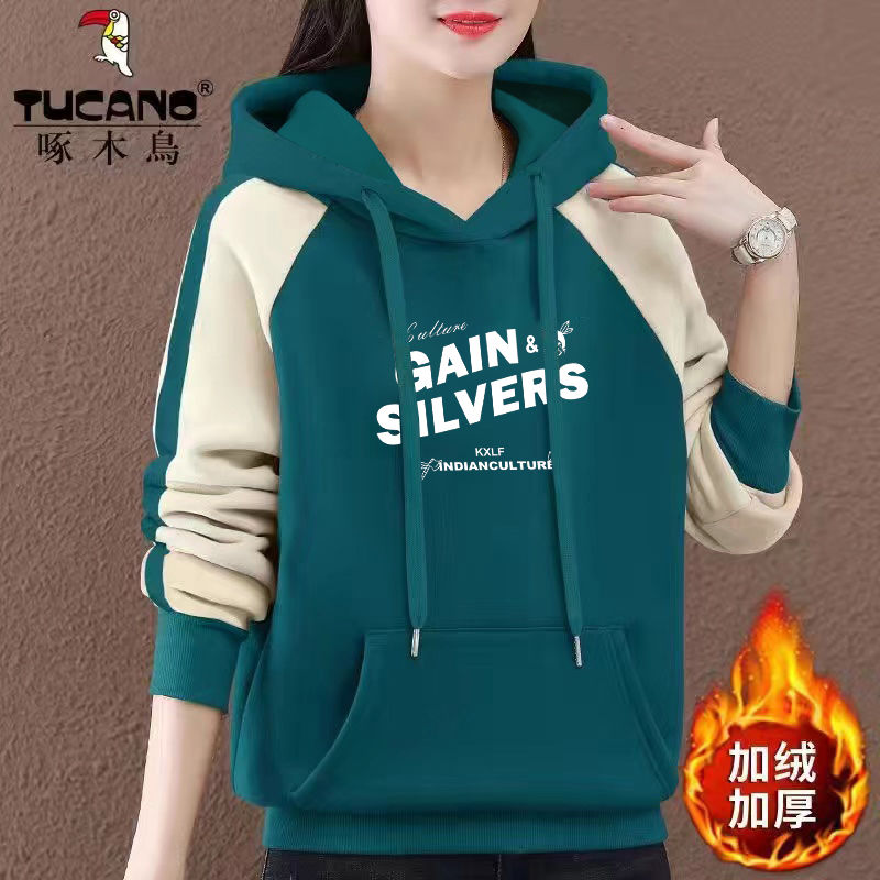 啄木鸟加绒小众宽松卫衣女2024年秋冬新款韩版气质运动别致上衣女