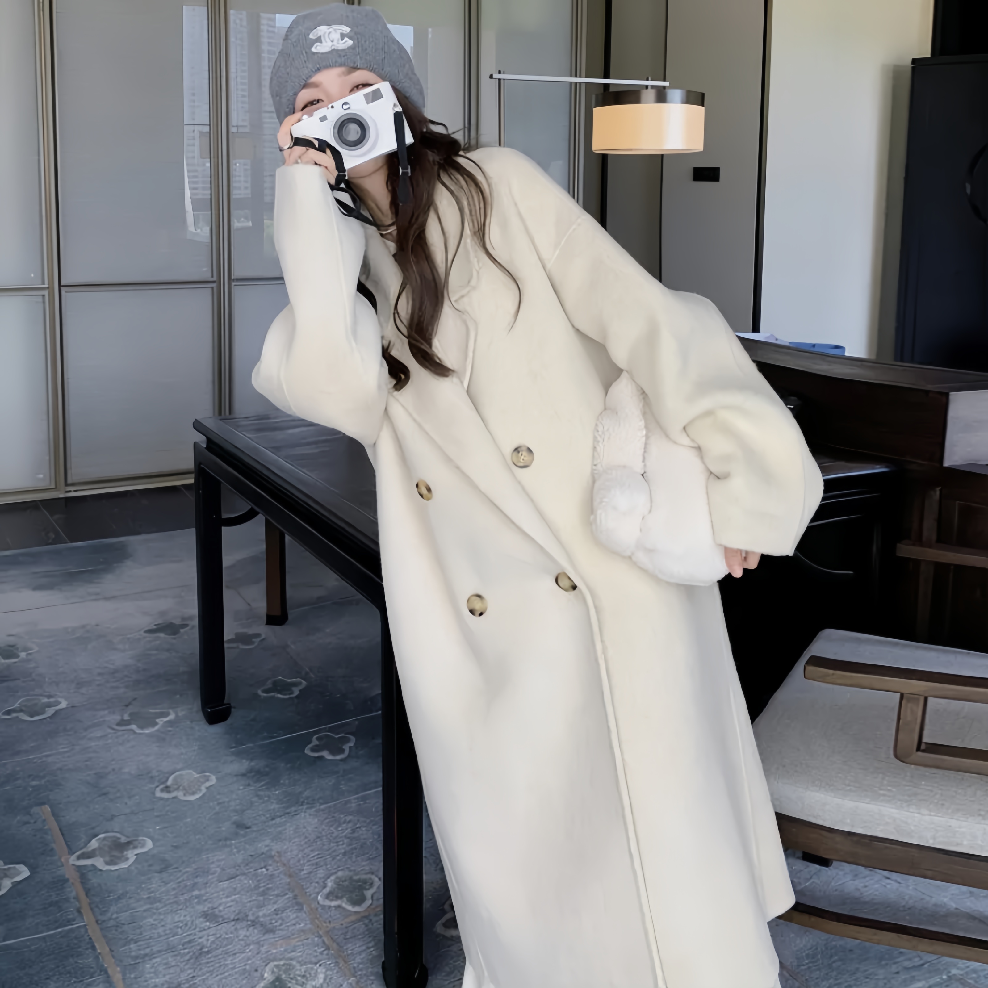 加厚时尚双排扣双面呢子大衣小个子白色中长款韩版毛呢外套女秋冬