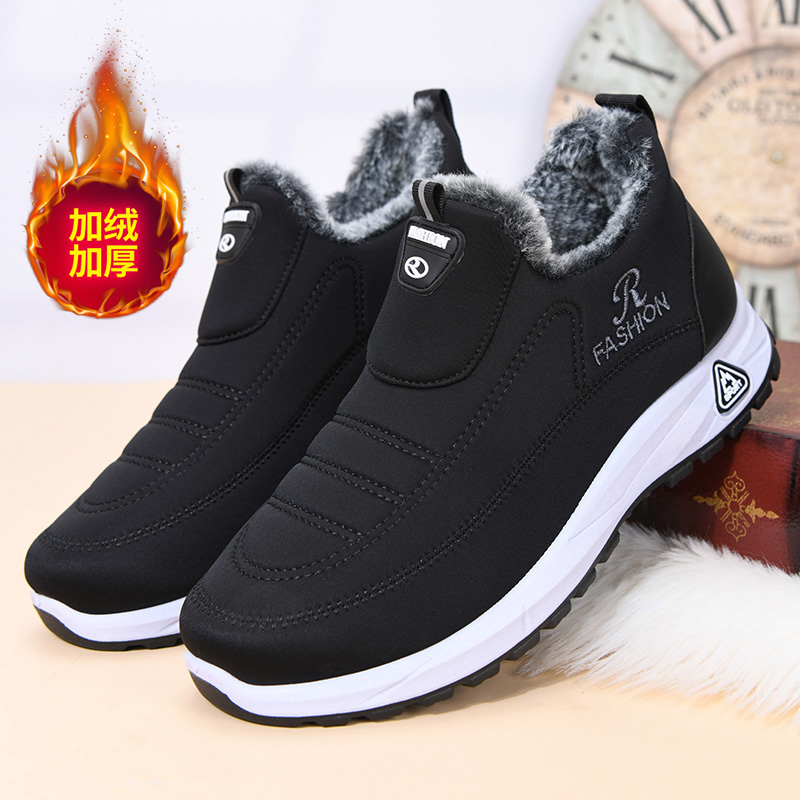 冬季新款老北京棉鞋男款休闲软底防滑一脚蹬爸爸鞋中老年保暖棉靴