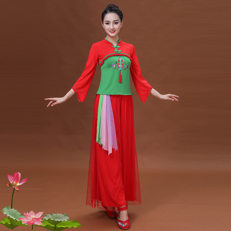 广场舞服装春秋新款套装中老年民族风秧歌舞演出服跳古典扇子舞女