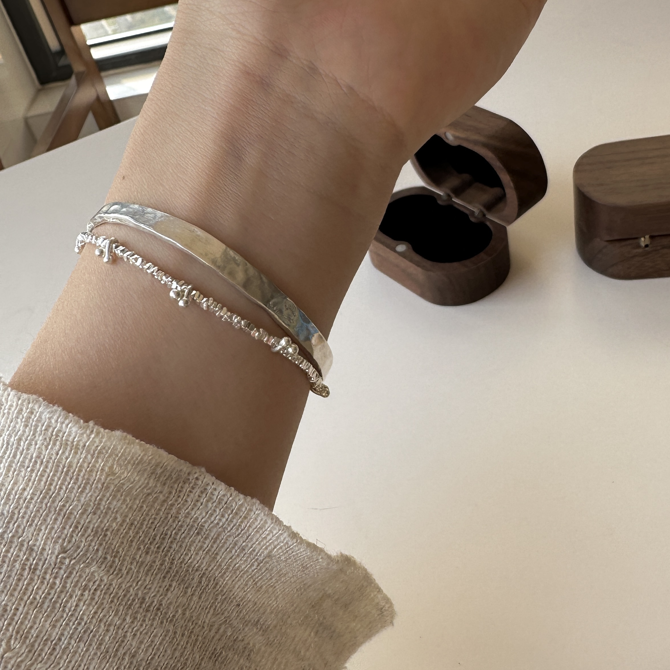 925银手链 s925纯银手镯 原创樱桃碎银子手链 不规则纯银开口手镯