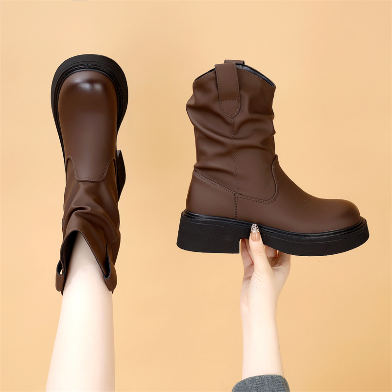 韩系超火套筒堆堆短靴女2025秋季新款时尚简约配裙褶皱圆头烟筒靴