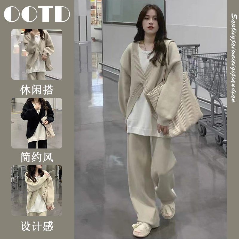微胖减龄套装秋装2025新款爆款高级设计感毛衣搭阔腿裤两件套秋冬